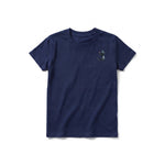 A navy short-sleeve crewneck t-shirt for youth featuring a graphic of a cat on the left chest.