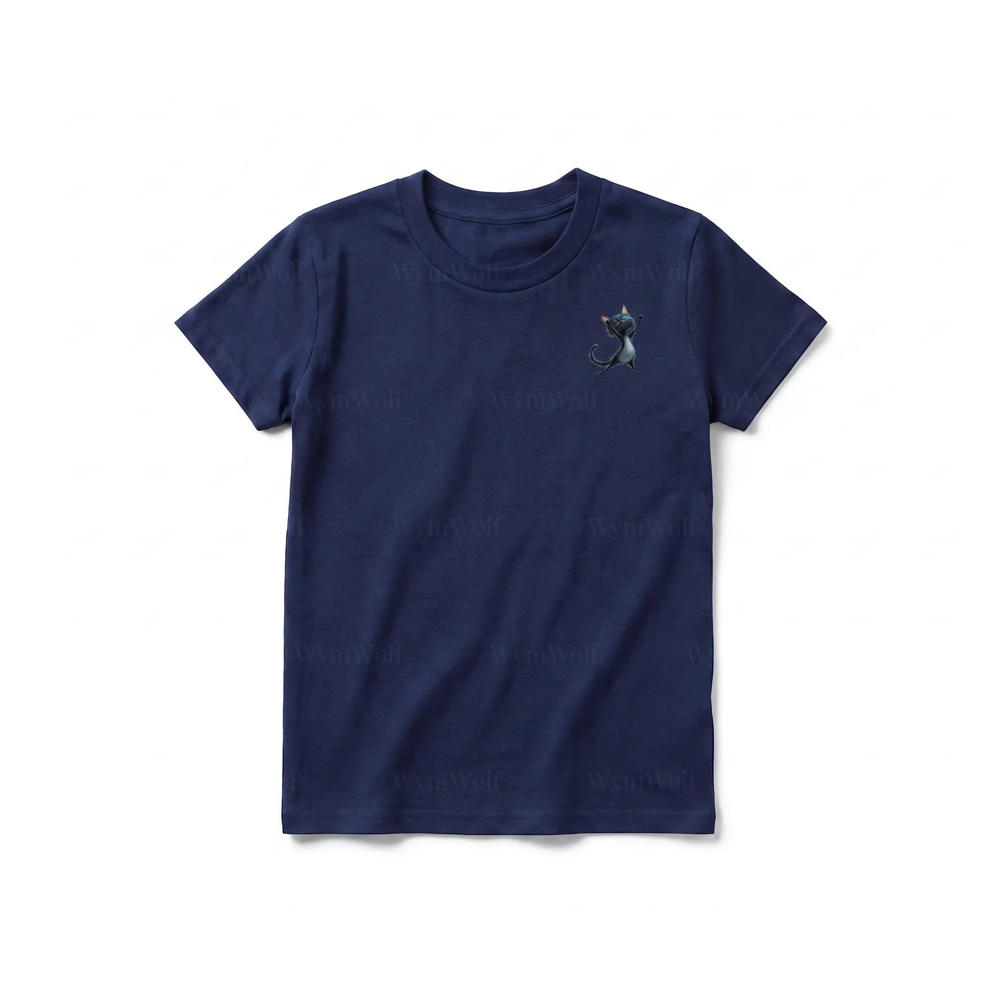 A navy short-sleeve crewneck t-shirt for youth featuring a graphic of a cat on the left chest.