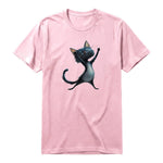 A pink short-sleeve crewneck t-shirt for adult featuring a graphic of a cat on the front.