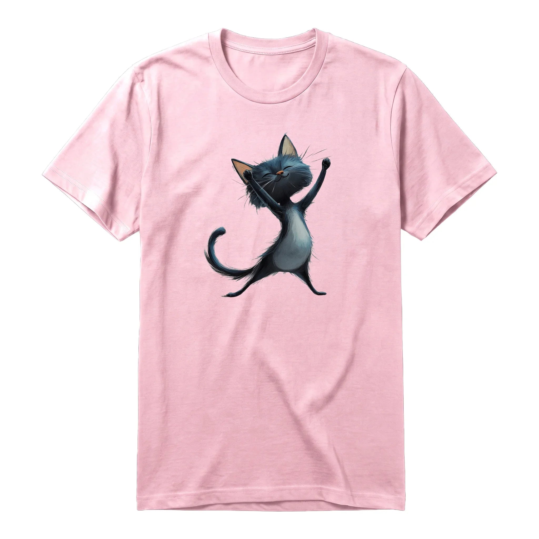 A pink short-sleeve crewneck t-shirt for adult featuring a graphic of a cat on the front.