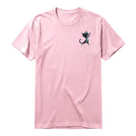 A pink short-sleeve crewneck t-shirt for adult featuring a graphic of a cat on the left chest.