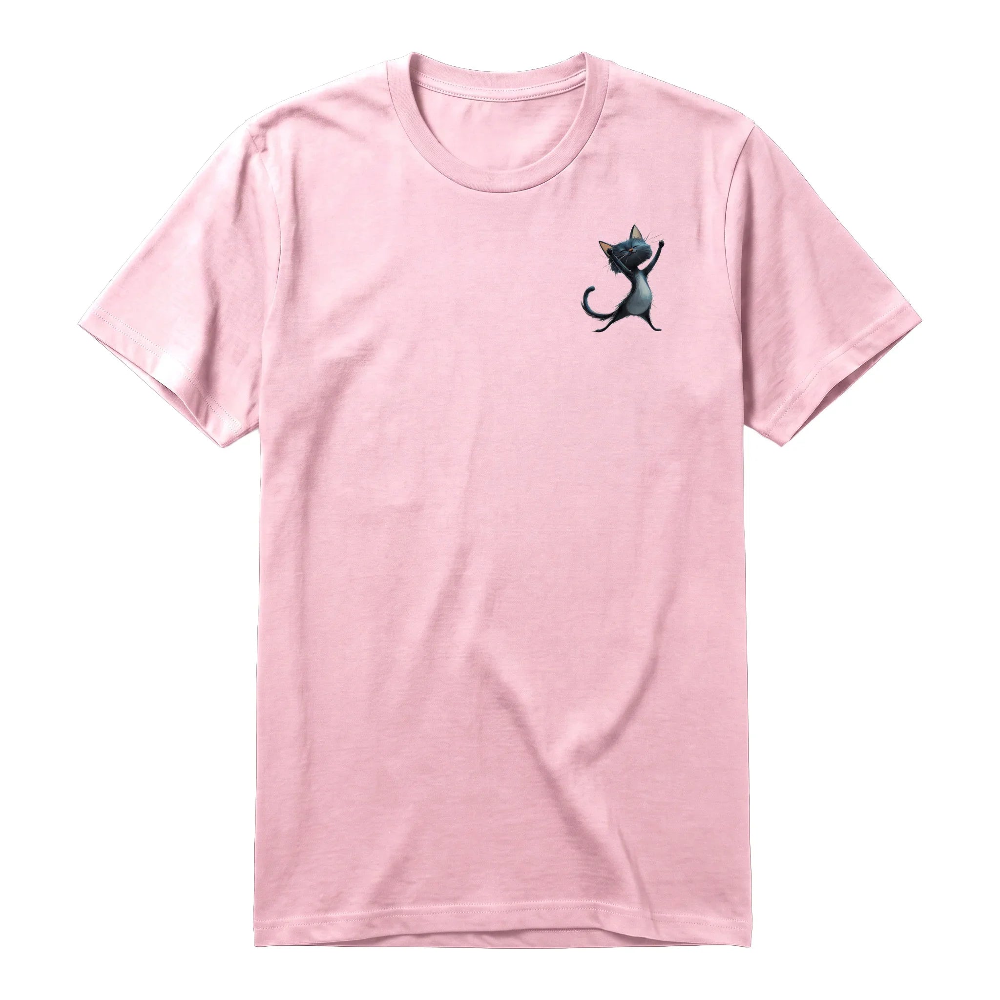 A pink short-sleeve crewneck t-shirt for adult featuring a graphic of a cat on the left chest.