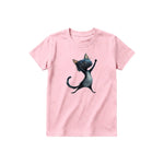 A pink short-sleeve crewneck t-shirt for youth featuring a graphic of a cat on the front.