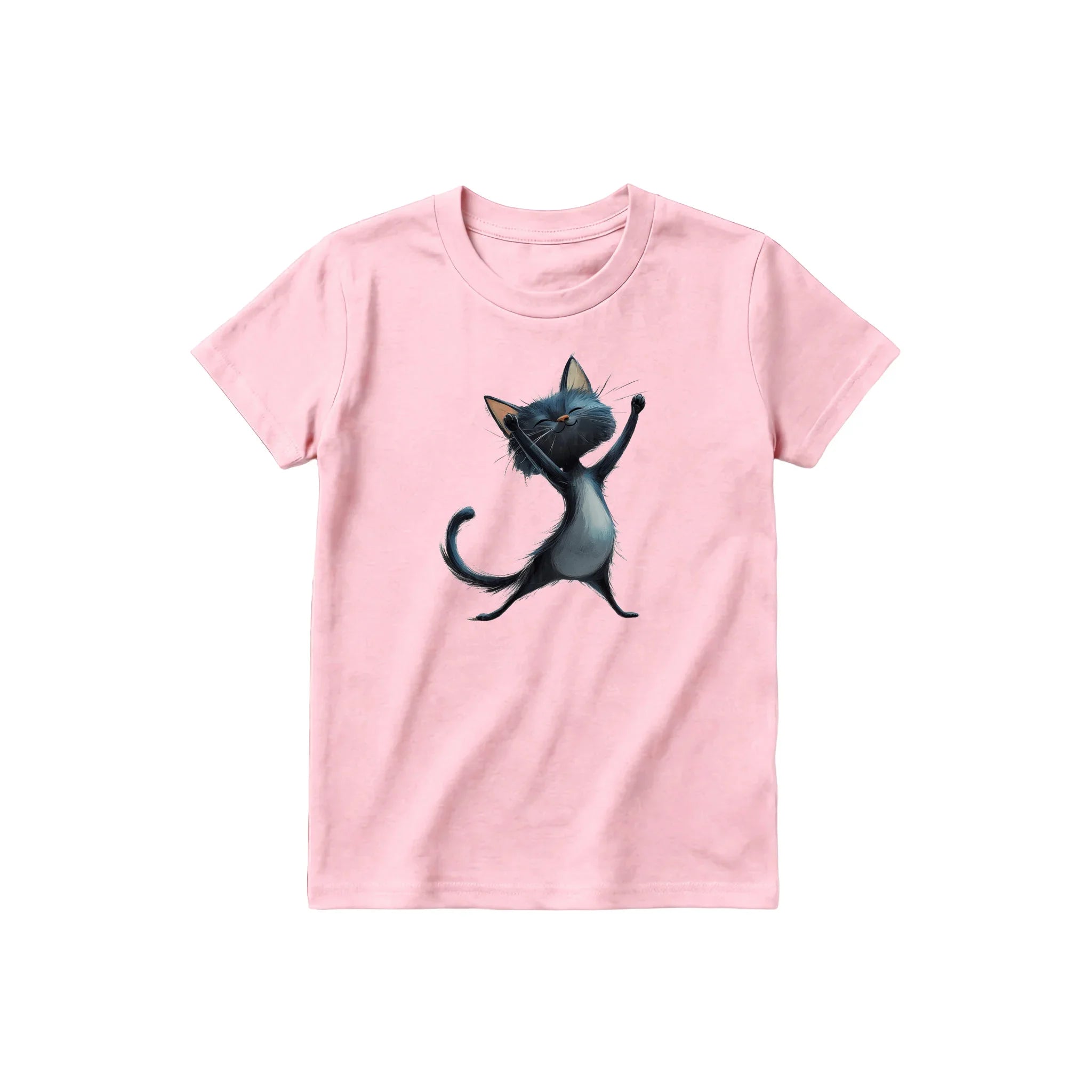 A pink short-sleeve crewneck t-shirt for youth featuring a graphic of a cat on the front.