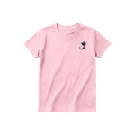 A pink short-sleeve crewneck t-shirt for youth featuring a graphic of a cat on the left chest.