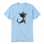 A powder short-sleeve crewneck t-shirt for adult featuring a graphic of a cat on the front.