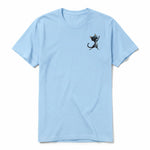 A powder short-sleeve crewneck t-shirt for adult featuring a graphic of a cat on the left chest.