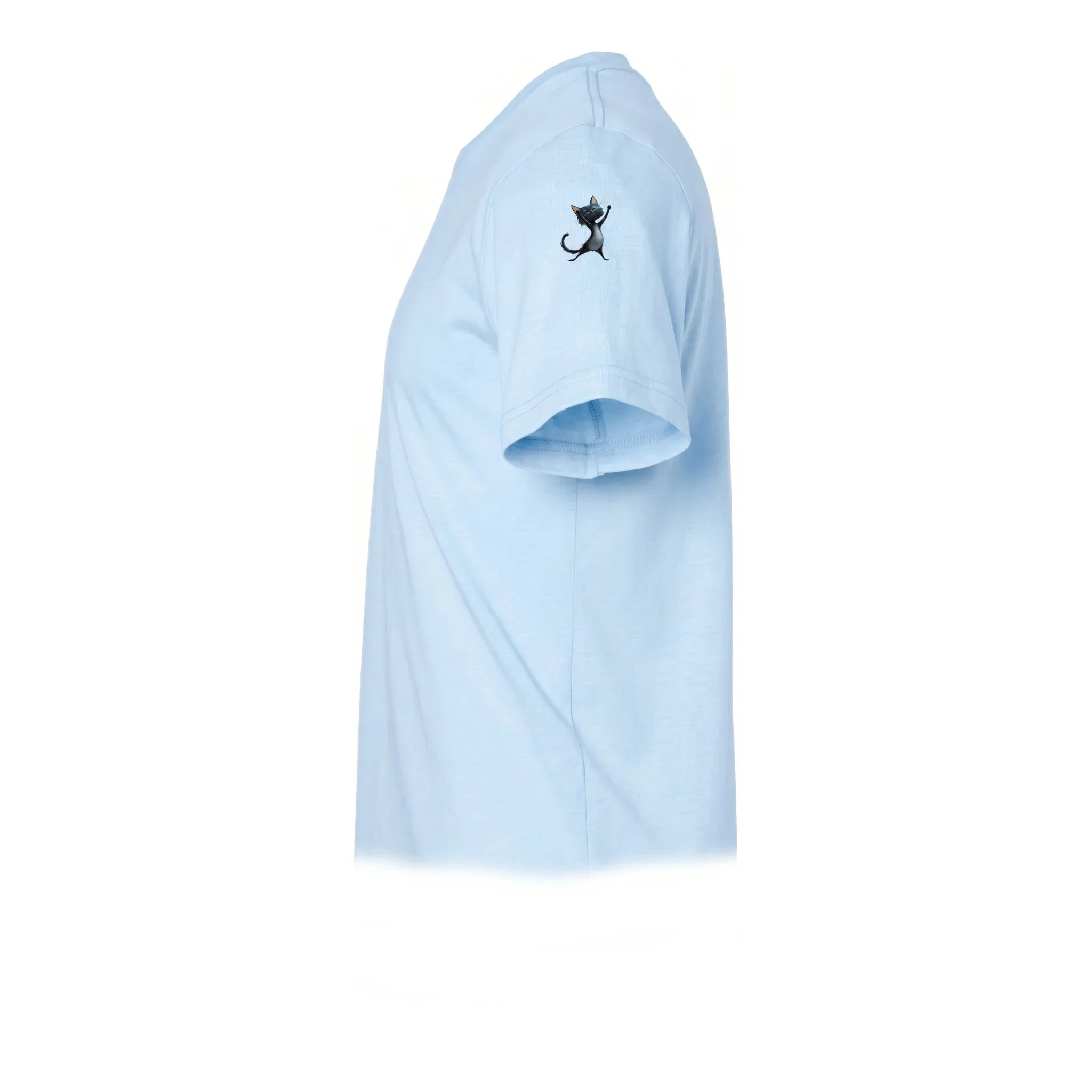 A powder short-sleeve crewneck t-shirt  featuring a small graphic of a cat on the upper left sleeve.