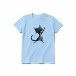 A powder short-sleeve crewneck t-shirt for youth featuring a graphic of a cat on the front.