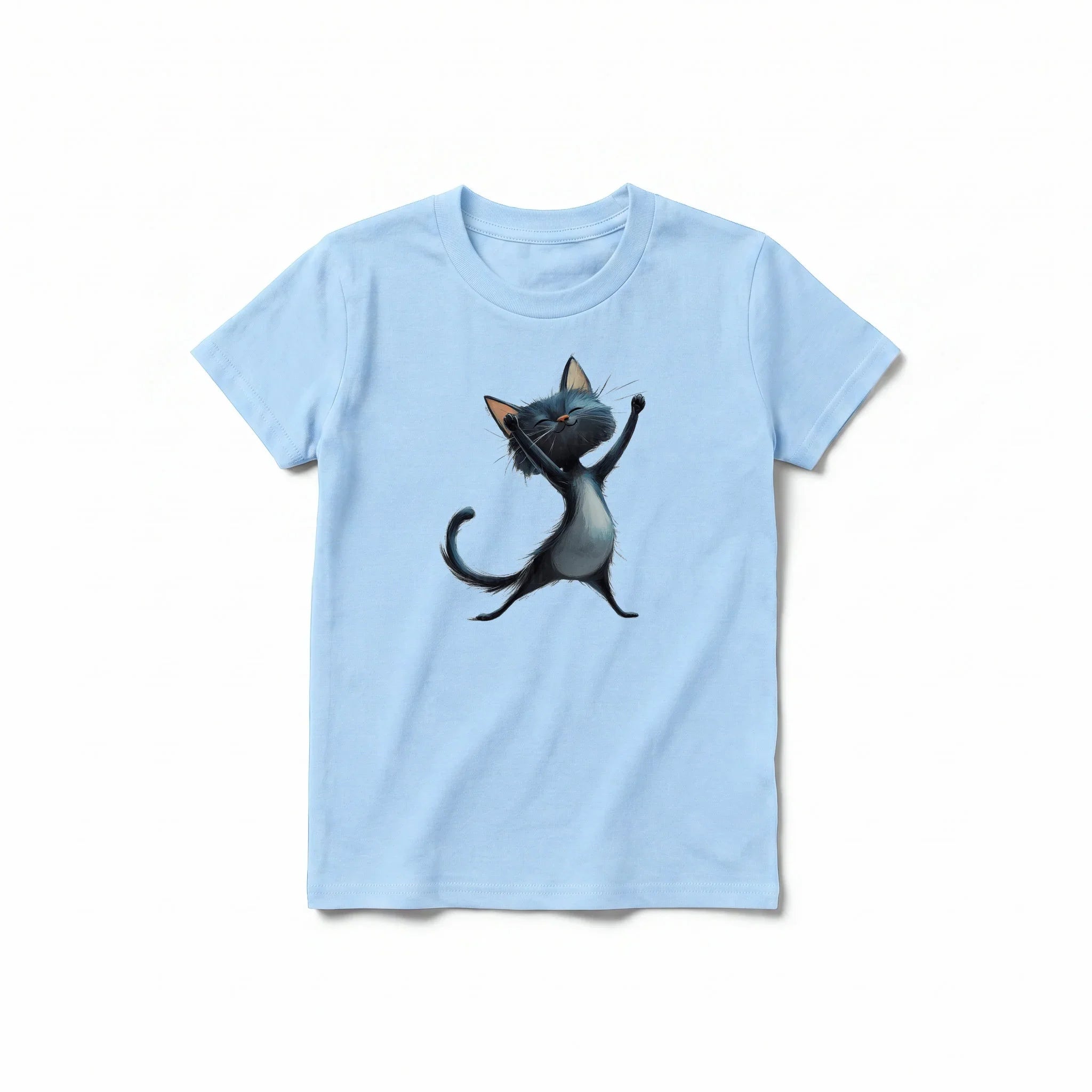 A powder short-sleeve crewneck t-shirt for youth featuring a graphic of a cat on the front.