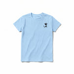 A powder short-sleeve crewneck t-shirt for youth featuring a graphic of a cat on the left chest.