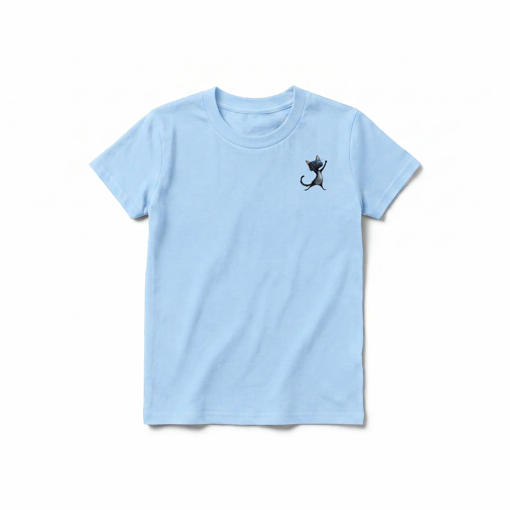 A powder short-sleeve crewneck t-shirt for youth featuring a graphic of a cat on the left chest.