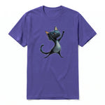 A purple short-sleeve crewneck t-shirt for adult featuring a graphic of a cat on the front.