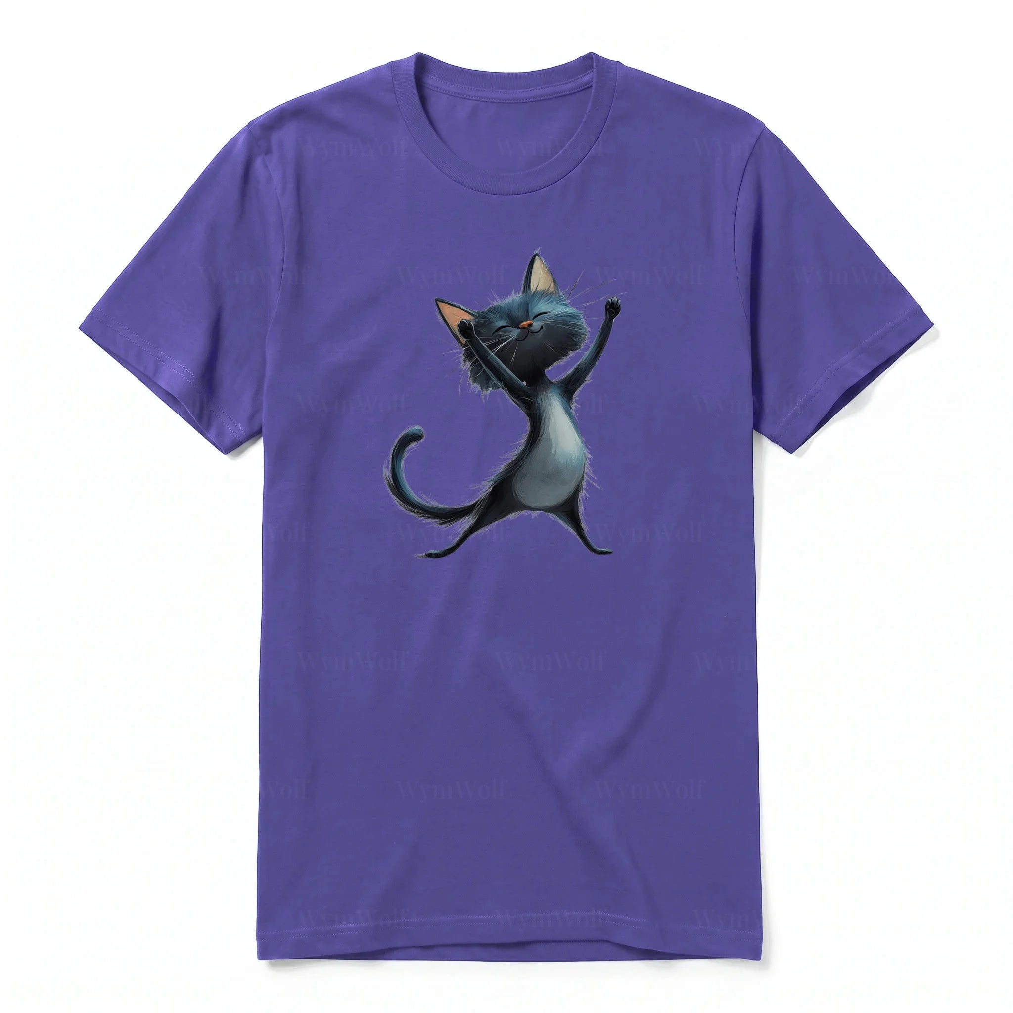A purple short-sleeve crewneck t-shirt for adult featuring a graphic of a cat on the front.