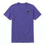 A purple short-sleeve crewneck t-shirt for adult featuring a graphic of a cat on the left chest.