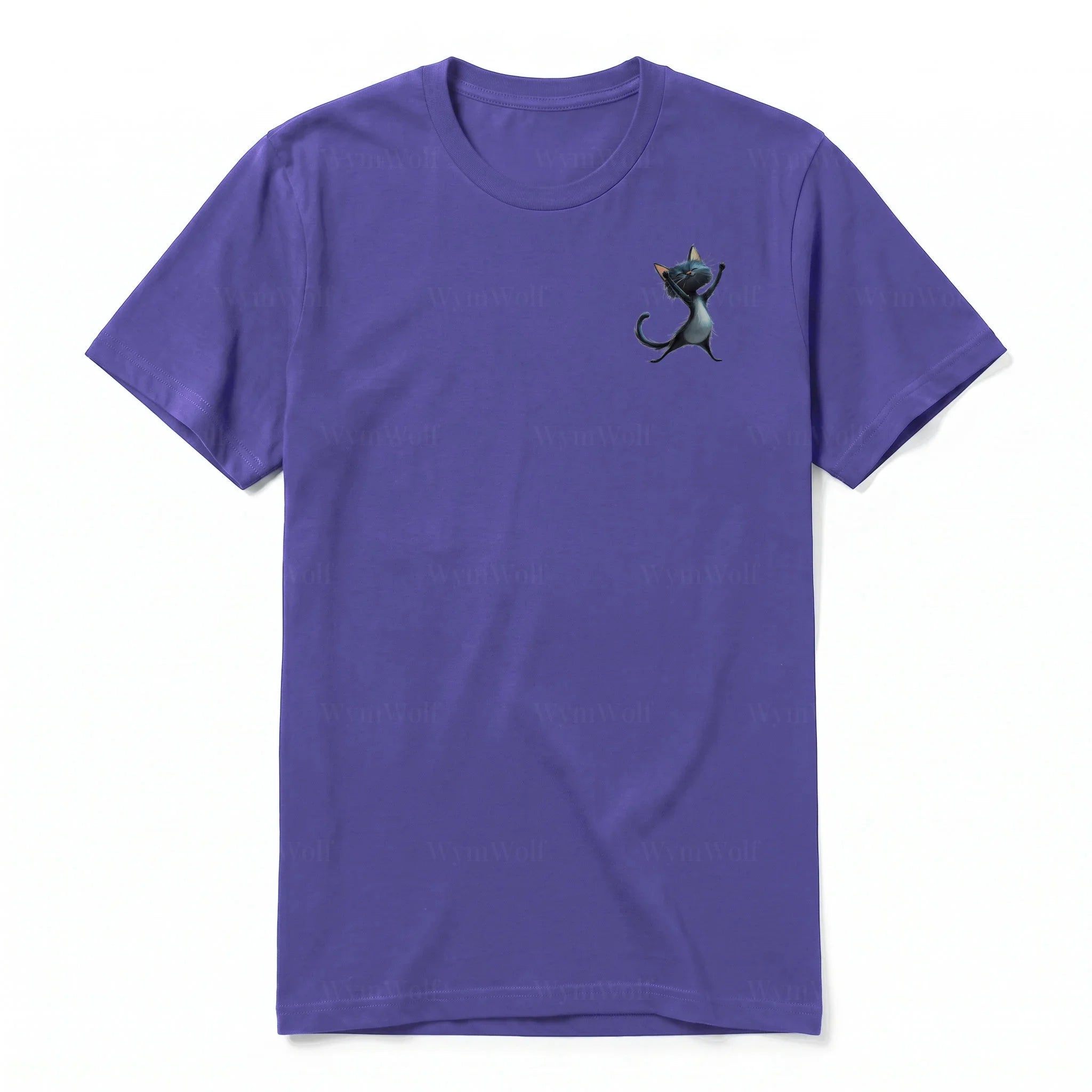 A purple short-sleeve crewneck t-shirt for adult featuring a graphic of a cat on the left chest.