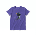A purple short-sleeve crewneck t-shirt for youth featuring a graphic of a cat on the front.