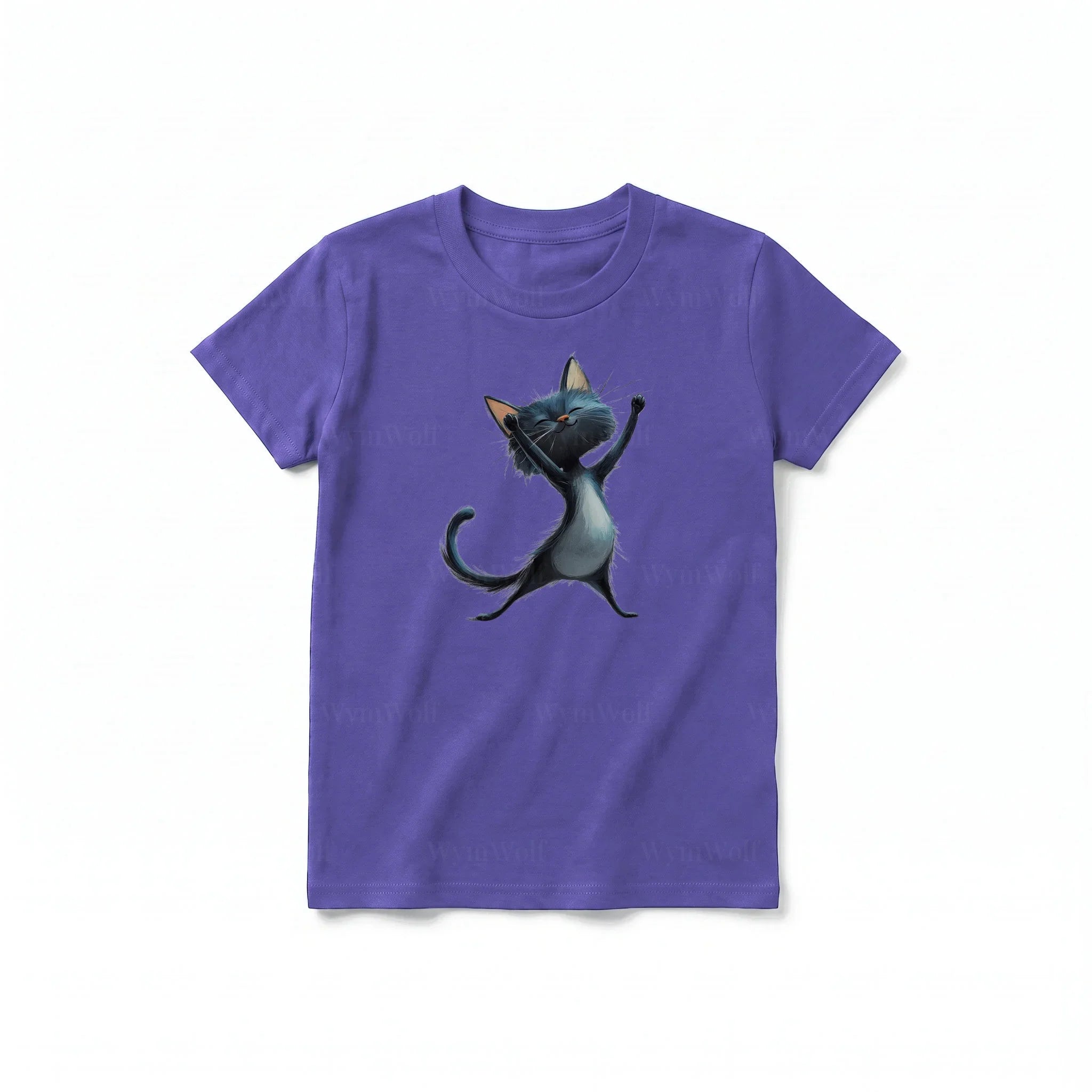 A purple short-sleeve crewneck t-shirt for youth featuring a graphic of a cat on the front.