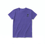 A purple short-sleeve crewneck t-shirt for youth featuring a graphic of a cat on the left chest.