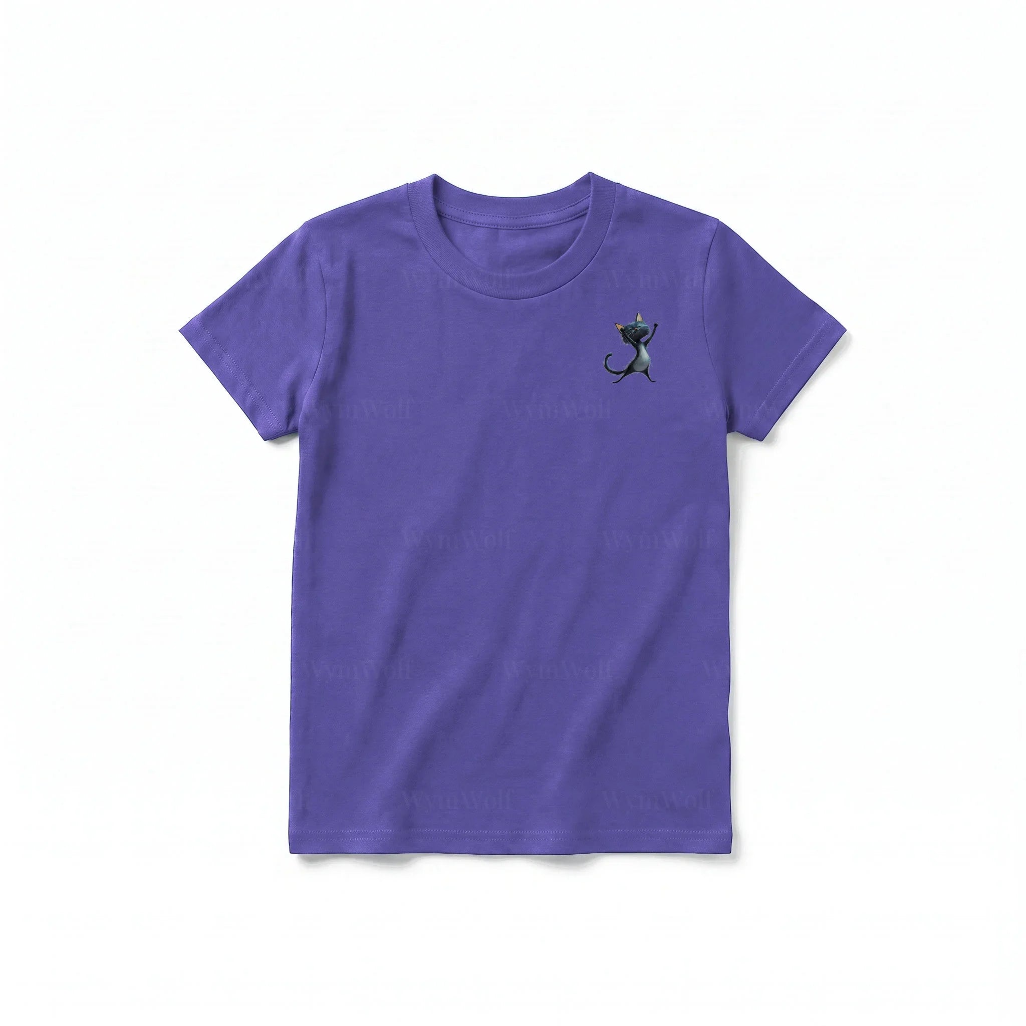A purple short-sleeve crewneck t-shirt for youth featuring a graphic of a cat on the left chest.