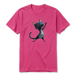 A raspberry short-sleeve crewneck t-shirt for adult featuring a graphic of a cat on the front.