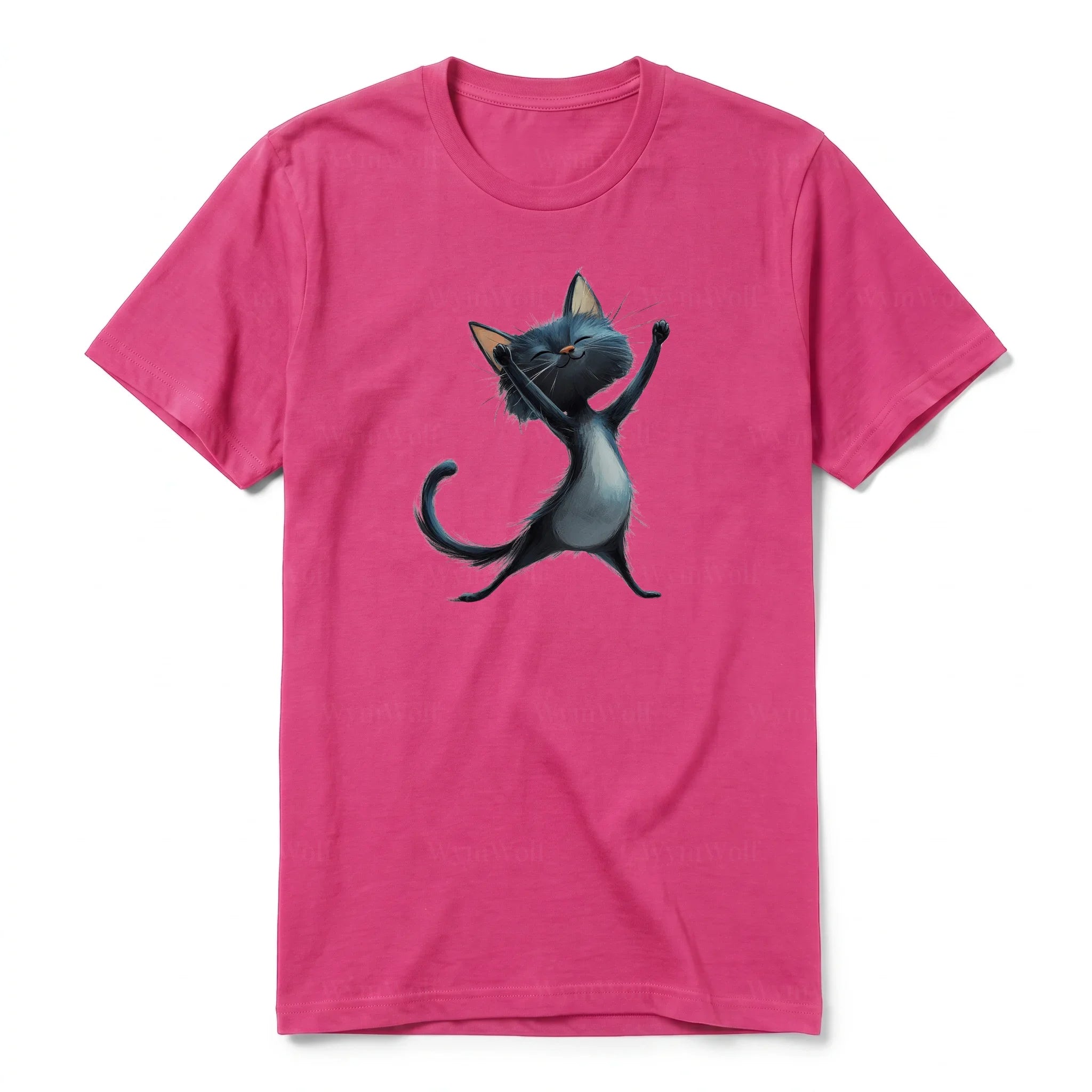 A raspberry short-sleeve crewneck t-shirt for adult featuring a graphic of a cat on the front.