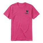 A raspberry short-sleeve crewneck t-shirt for adult featuring a graphic of a cat on the left chest.
