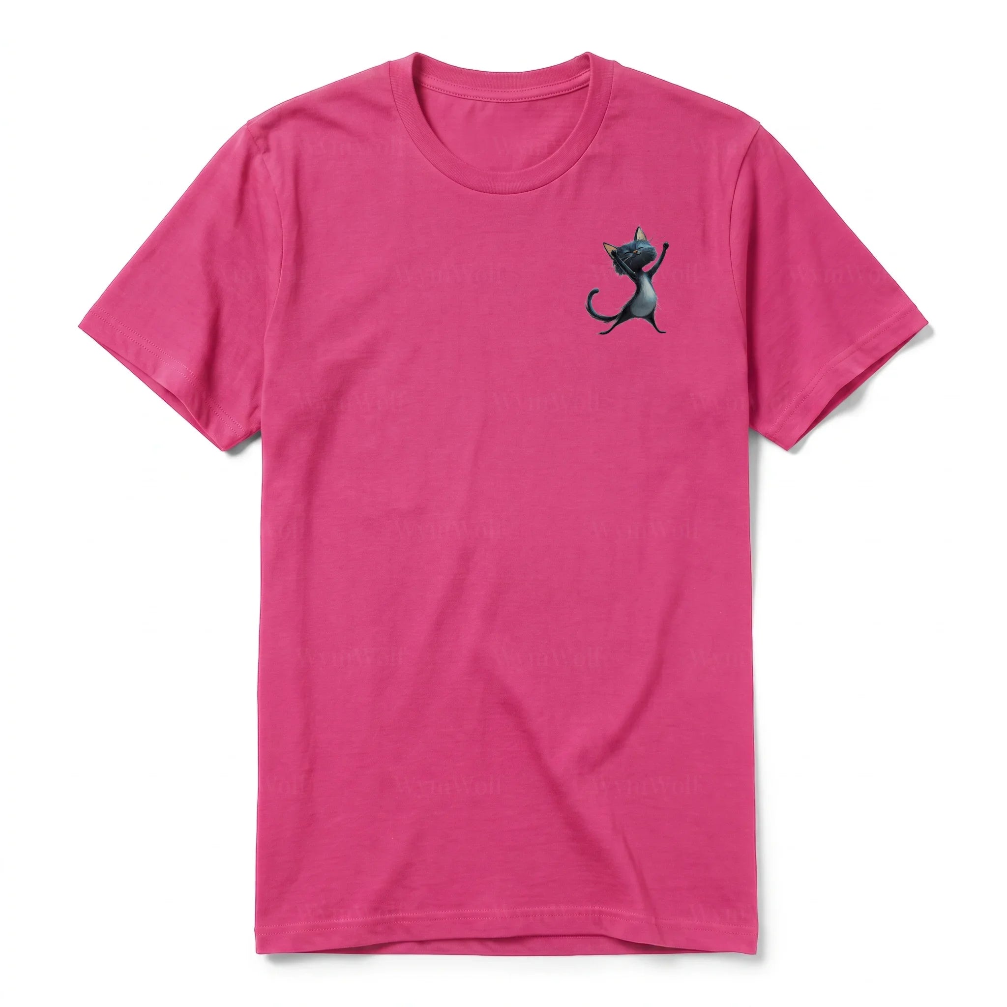 A raspberry short-sleeve crewneck t-shirt for adult featuring a graphic of a cat on the left chest.