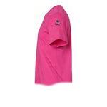 A raspberry short-sleeve crewneck t-shirt  featuring a small graphic of a cat on the upper left sleeve.