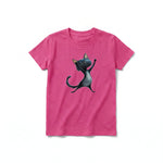 A raspberry short-sleeve crewneck t-shirt for youth featuring a graphic of a cat on the front.