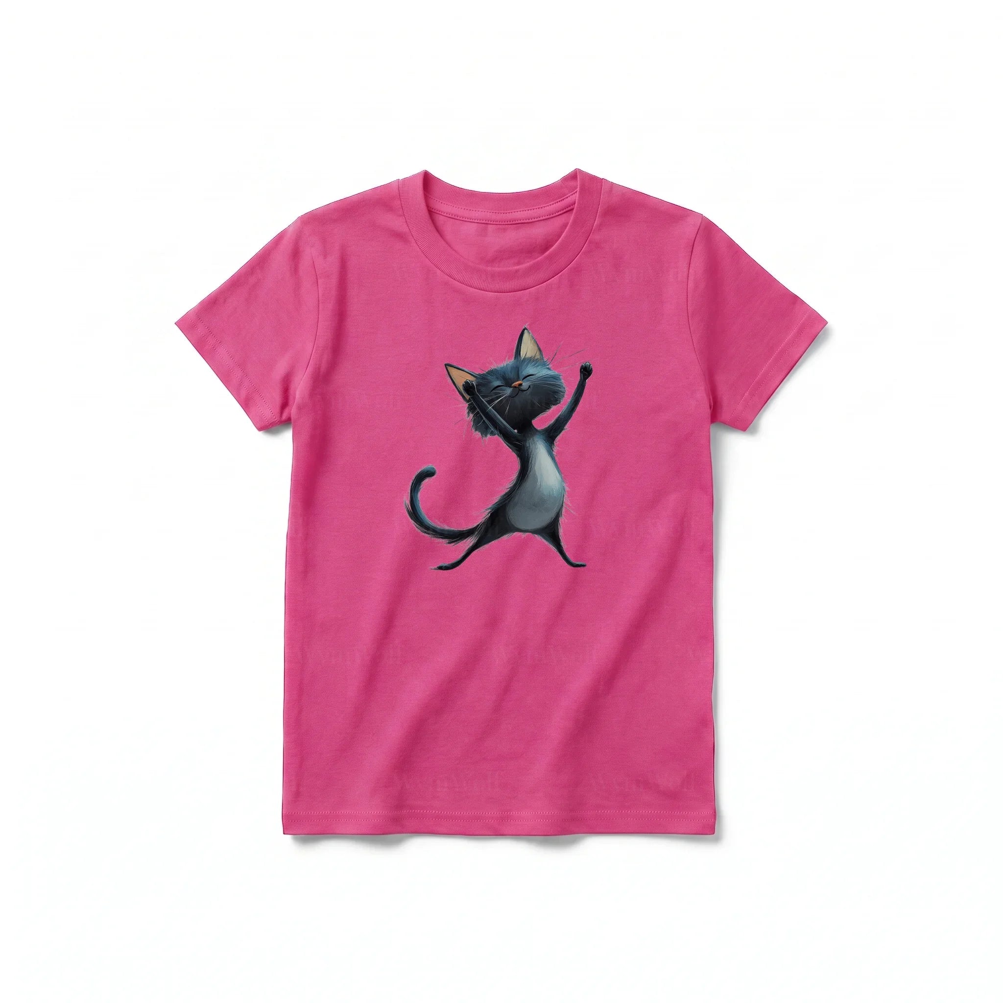 A raspberry short-sleeve crewneck t-shirt for youth featuring a graphic of a cat on the front.