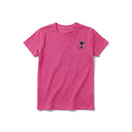 A raspberry short-sleeve crewneck t-shirt for youth featuring a graphic of a cat on the left chest.
