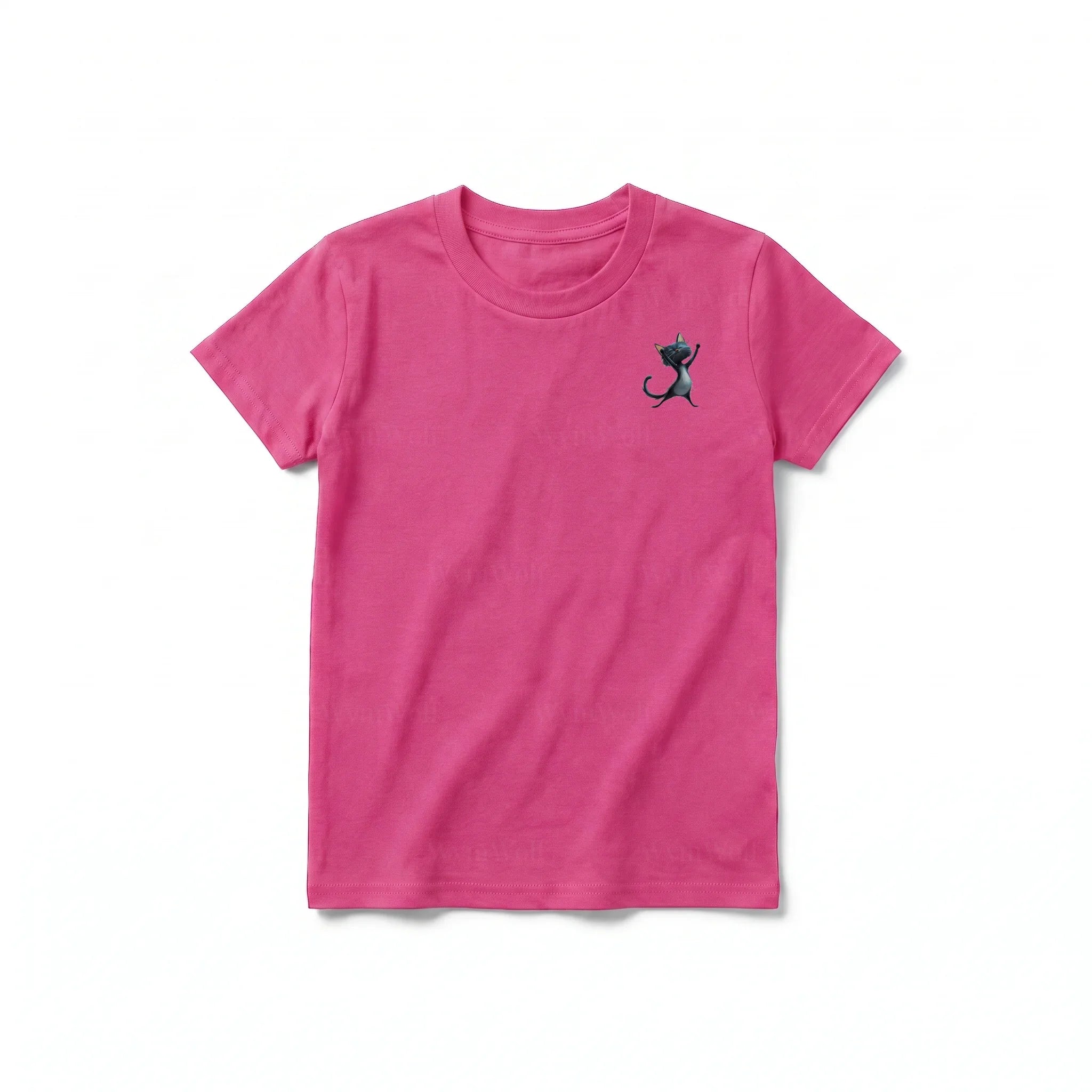 A raspberry short-sleeve crewneck t-shirt for youth featuring a graphic of a cat on the left chest.