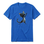A royal short-sleeve crewneck t-shirt for adult featuring a graphic of a cat on the front.