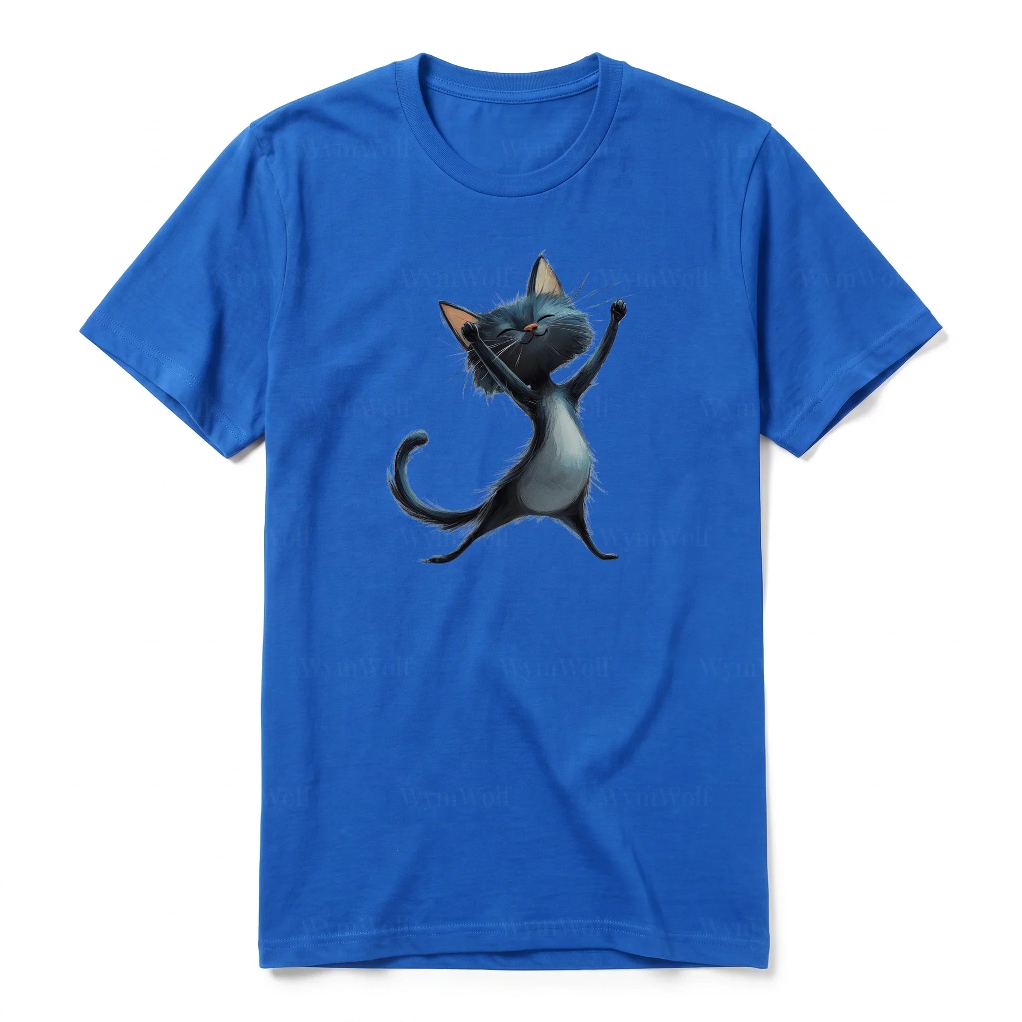 A royal short-sleeve crewneck t-shirt for adult featuring a graphic of a cat on the front.