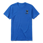 A royal short-sleeve crewneck t-shirt for adult featuring a graphic of a cat on the left chest.