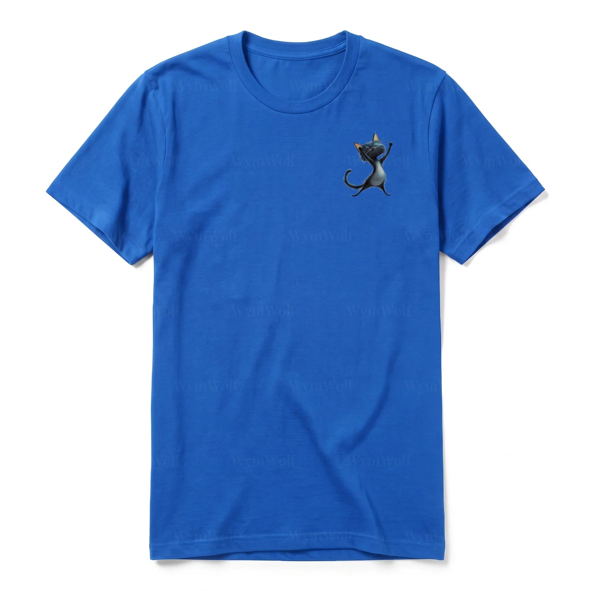 A royal short-sleeve crewneck t-shirt for adult featuring a graphic of a cat on the left chest.