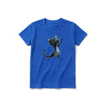 A royal short-sleeve crewneck t-shirt for youth featuring a graphic of a cat on the front.
