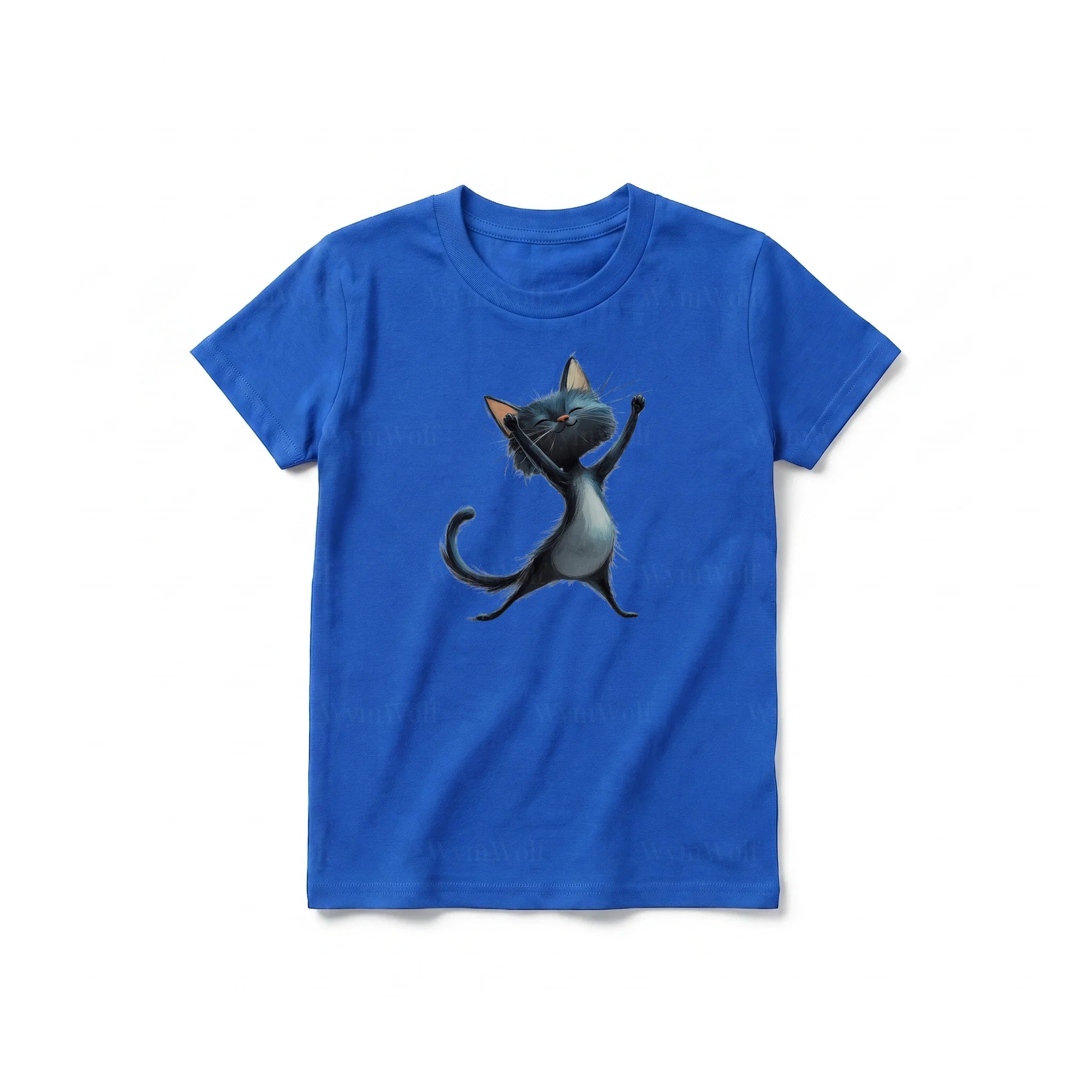 A royal short-sleeve crewneck t-shirt for youth featuring a graphic of a cat on the front.