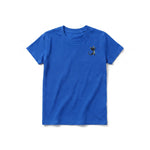 A royal short-sleeve crewneck t-shirt for youth featuring a graphic of a cat on the left chest.