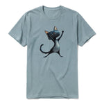 A sage short-sleeve crewneck t-shirt for adult featuring a graphic of a cat on the front.