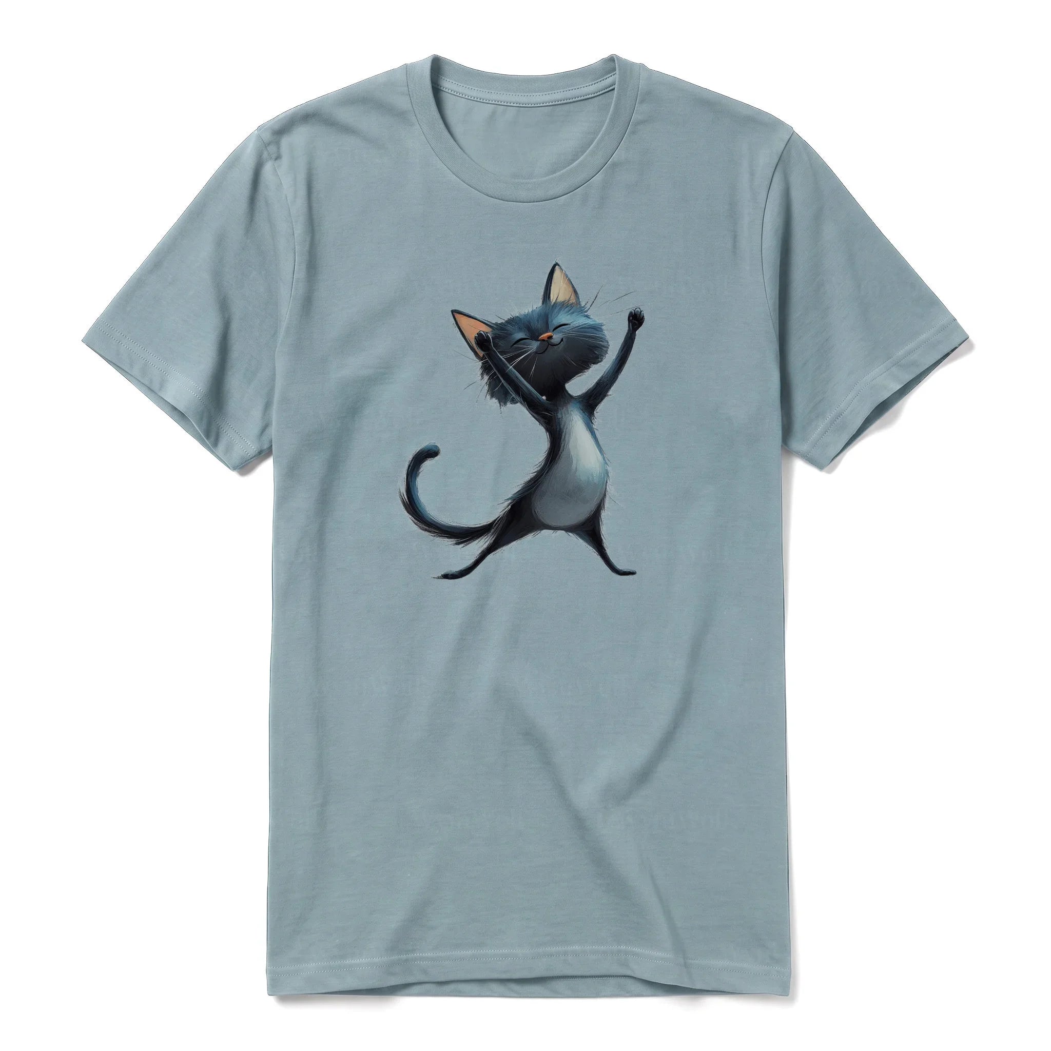 A sage short-sleeve crewneck t-shirt for adult featuring a graphic of a cat on the front.
