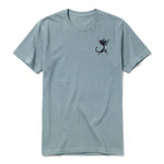 A sage short-sleeve crewneck t-shirt for adult featuring a graphic of a cat on the left chest.