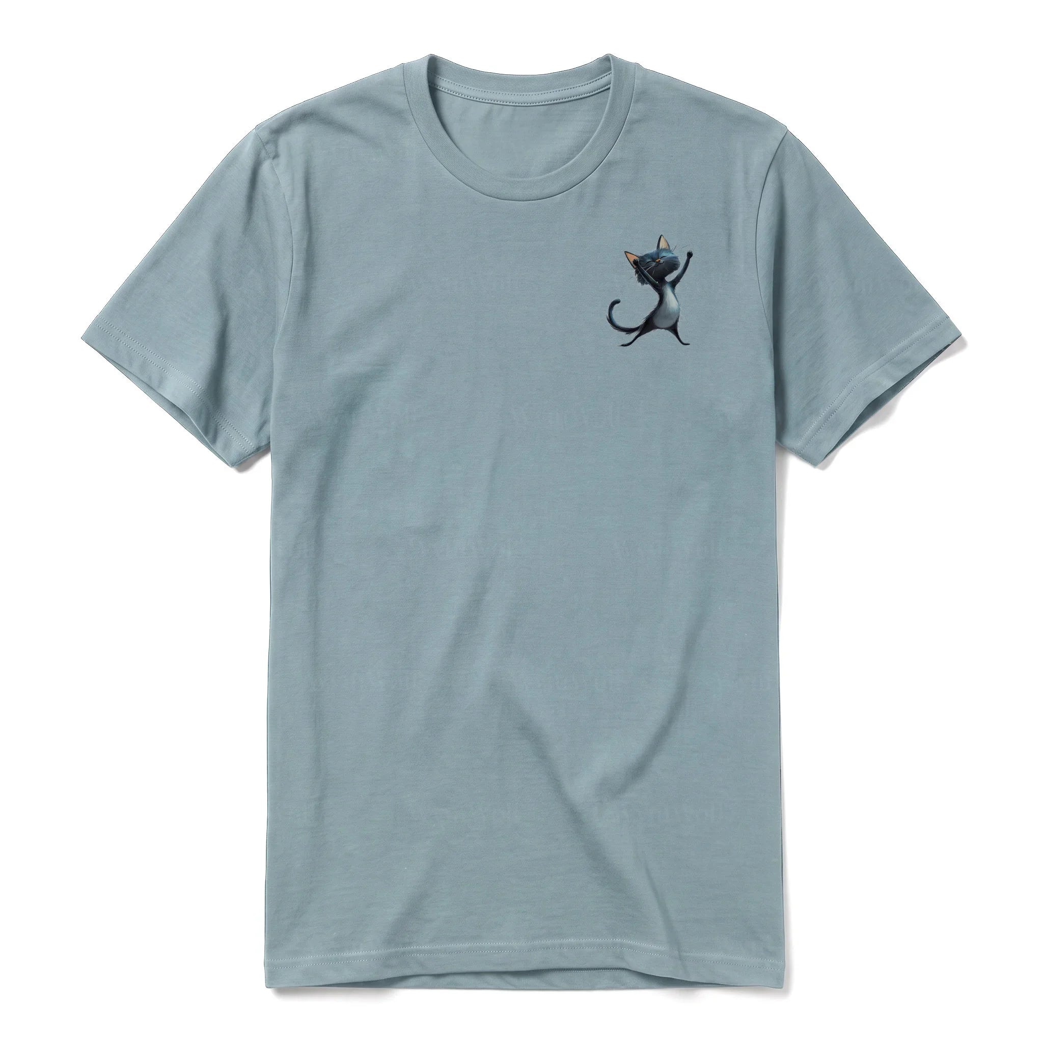 A sage short-sleeve crewneck t-shirt for adult featuring a graphic of a cat on the left chest.