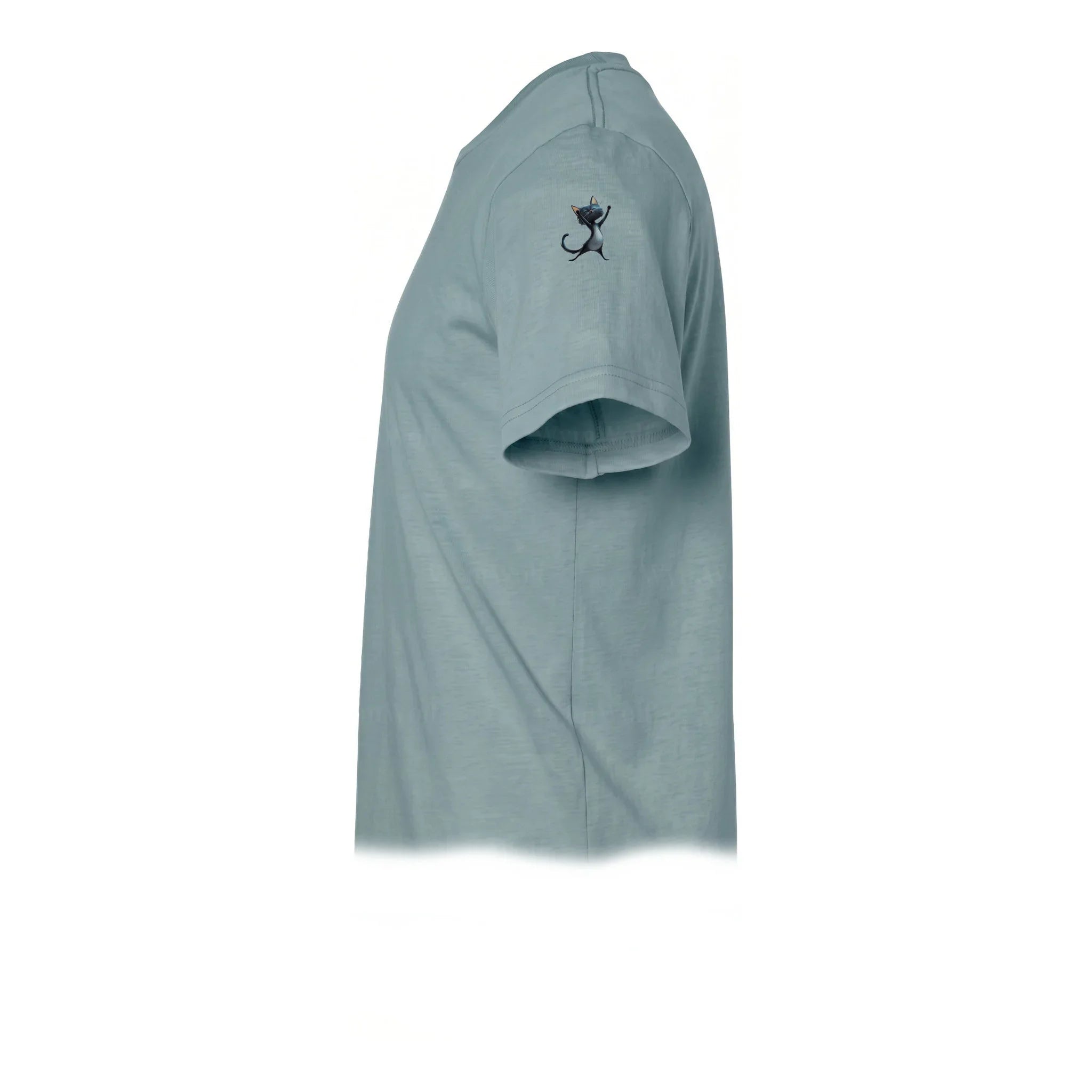 A sage short-sleeve crewneck t-shirt  featuring a small graphic of a cat on the upper left sleeve.