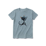 A sage short-sleeve crewneck t-shirt for youth featuring a graphic of a cat on the front.