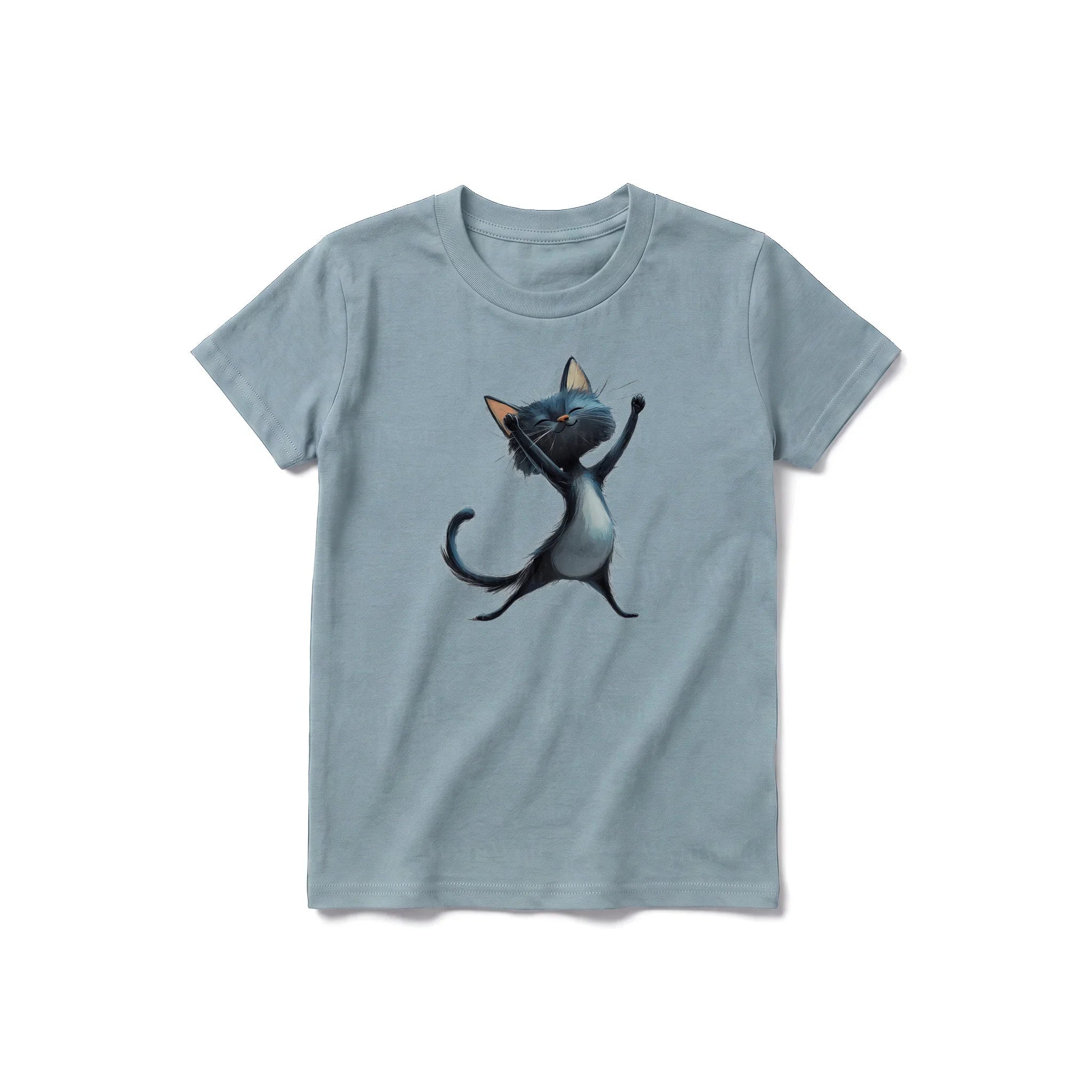 A sage short-sleeve crewneck t-shirt for youth featuring a graphic of a cat on the front.