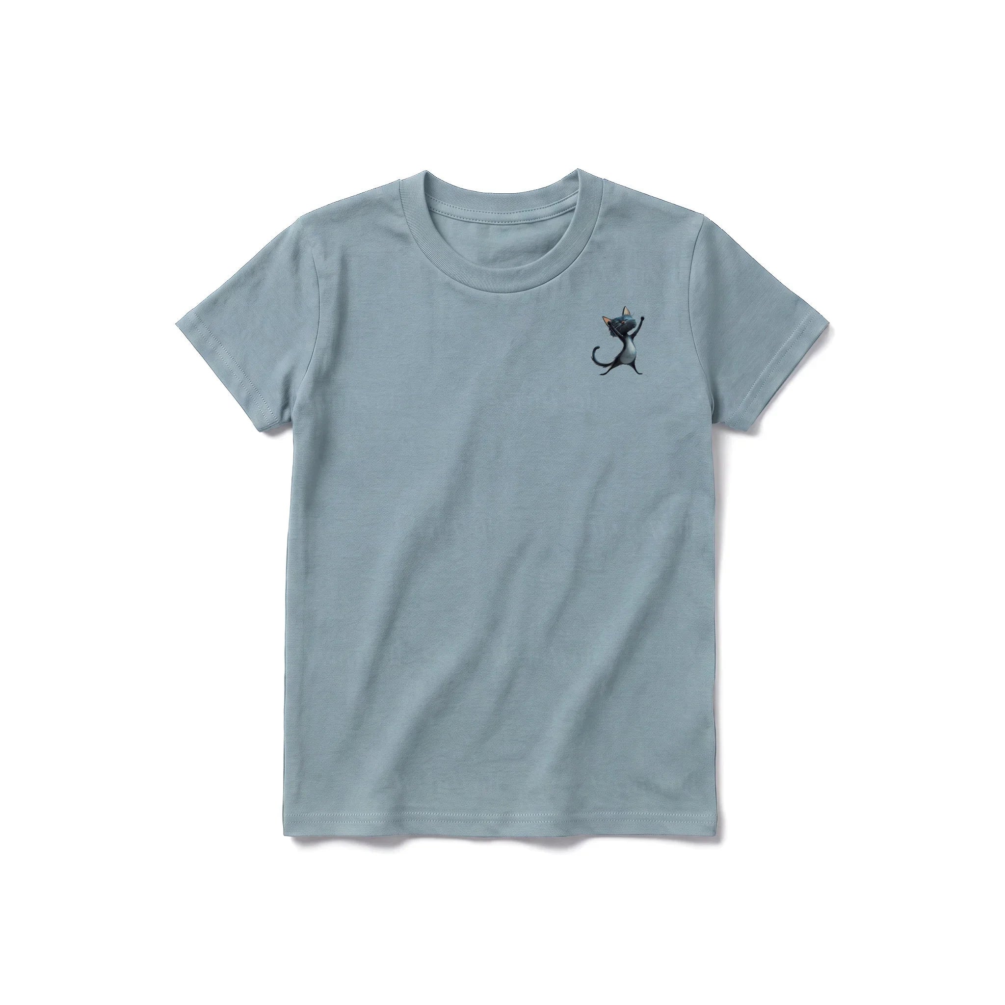 A sage short-sleeve crewneck t-shirt for youth featuring a graphic of a cat on the left chest.