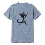 A steel-blue short-sleeve crewneck t-shirt for adult featuring a graphic of a cat on the front.