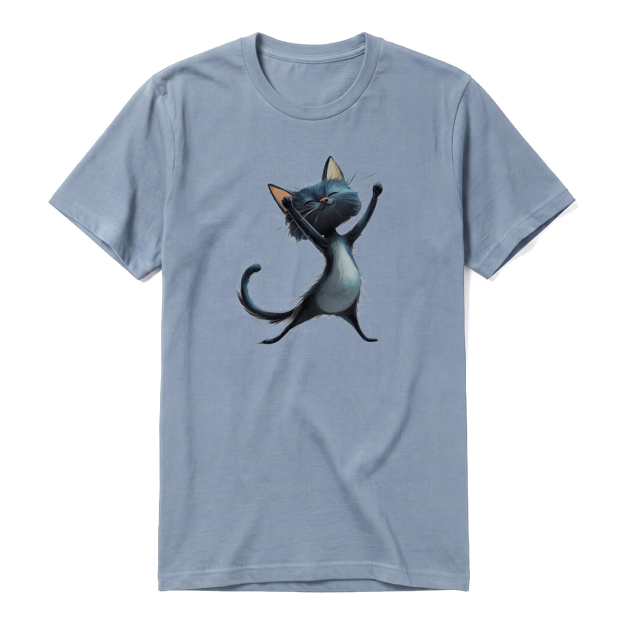 A steel-blue short-sleeve crewneck t-shirt for adult featuring a graphic of a cat on the front.